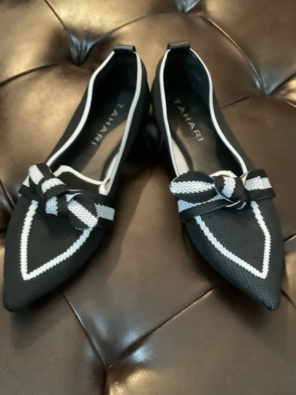 Tahari Black and White Pointed Bow-Accent Flats